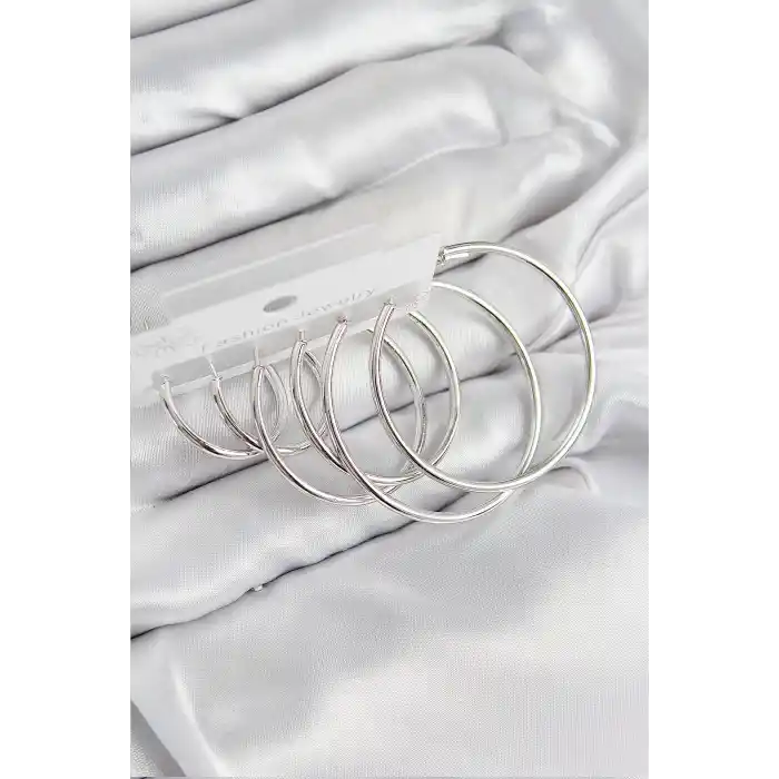 Pirinç Halka Model Gümüş Renk Kadın Set Küpe