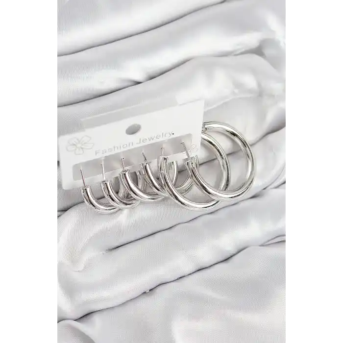Pirinç Halka Model Gümüş Renk Kadın Set Küpe