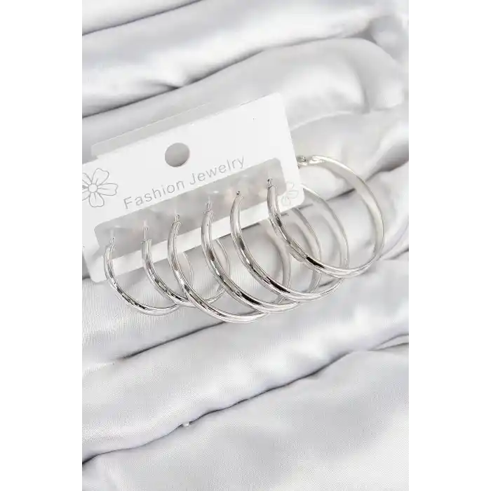 Pirinç Halka Model Gümüş Renk Kadın Set Küpe