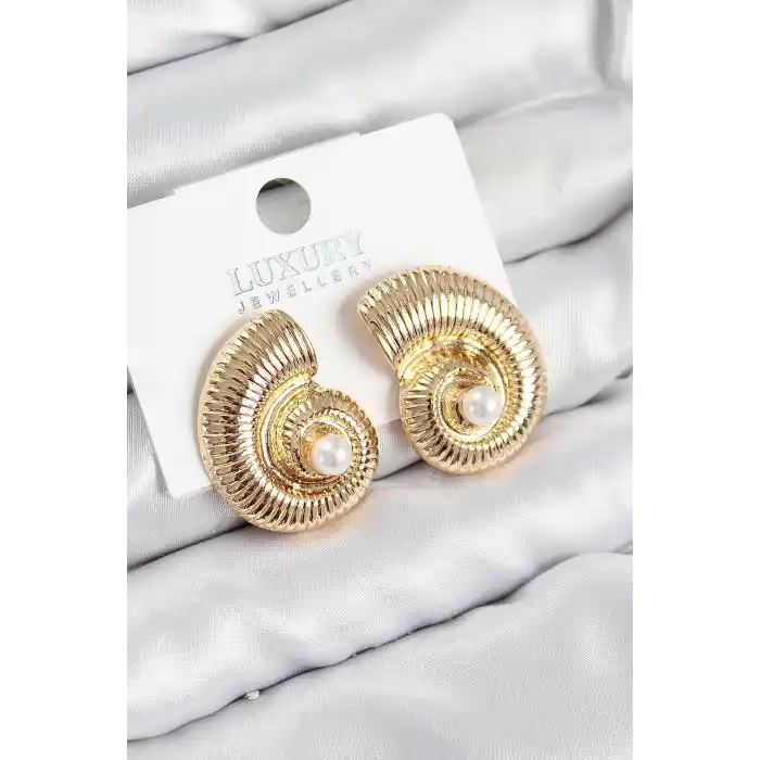 Pirinç İnci Detaylı Girdap Model Gold Renk Kadın Küpe