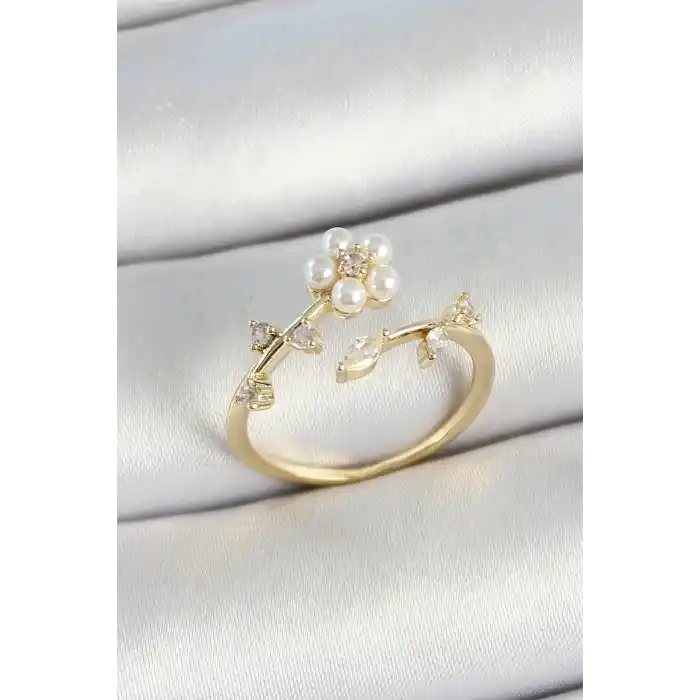 Pirinç İnci Detaylı Papatya Figürlü Zirkon Taşlı Gold Renk Ayarlanabilir Kadın Yüzük