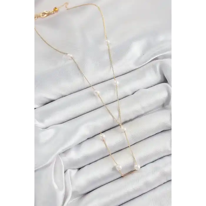 Pirinç İnci Figürlü Y Model Gold Renk Kadın Kolye