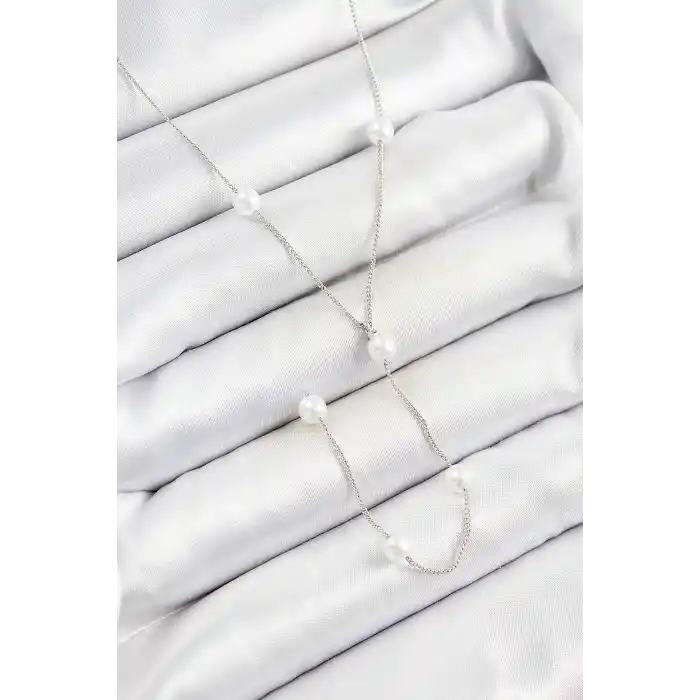 Pirinç İnci Figürlü Y Model Gümüş Renk Kadın Kolye