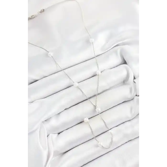 Pirinç İnci Figürlü Y Model Gümüş Renk Kadın Kolye