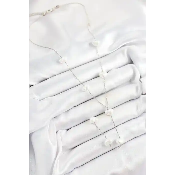 Pirinç İncili Kalp Figürlü Y Model Gümüş Renk Kadın Kolye