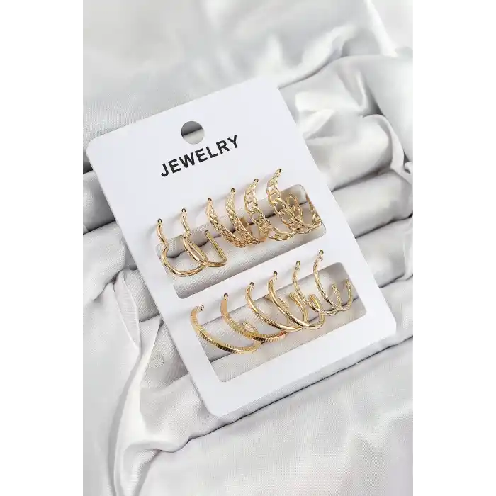 Pirinç Karışık Halka Model Gold Renk 6 Çift Kadın Küpe Set