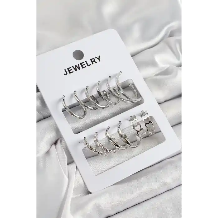 Pirinç Karışık Halka Model Gümüş Renk 6 Çift Kadın Küpe Set