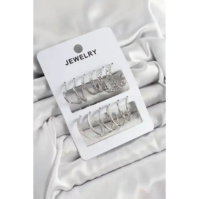 Pirinç Karışık Halka Model Gümüş Renk 6 Çift Kadın Küpe Set