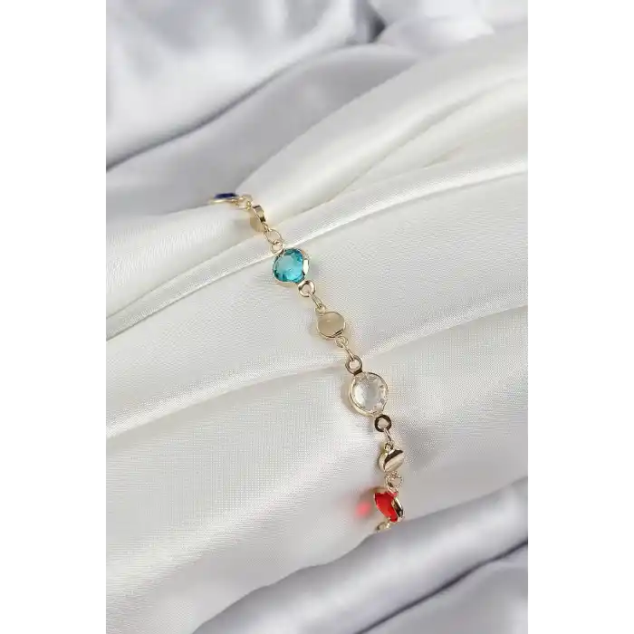 Pirinç Karışık Renk Zirkon Taşlı Gold Renk Kadın Bileklik