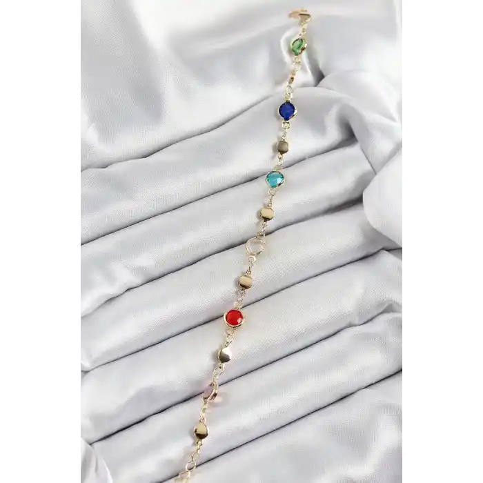 Pirinç Karışık Renk Zirkon Taşlı Gold Renk Kadın Bileklik
