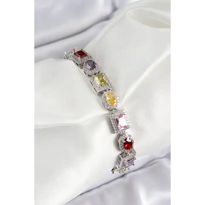 Pirinç Karışık Zirkon Taşlı Baget Model Gümüş Renk VIP Seri Kadın Bileklik