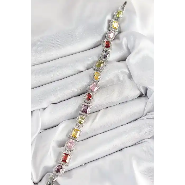 Pirinç Karışık Zirkon Taşlı Baget Model Gümüş Renk VIP Seri Kadın Bileklik