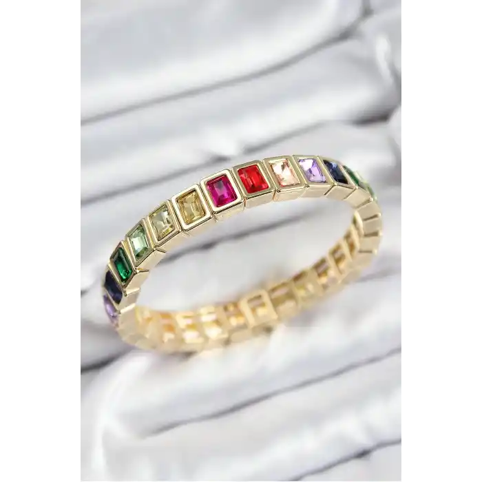 Pirinç Karışık Zirkon Taşlı Dikdörtgen Model Gold Renk Lastikli Kadın Bileklik