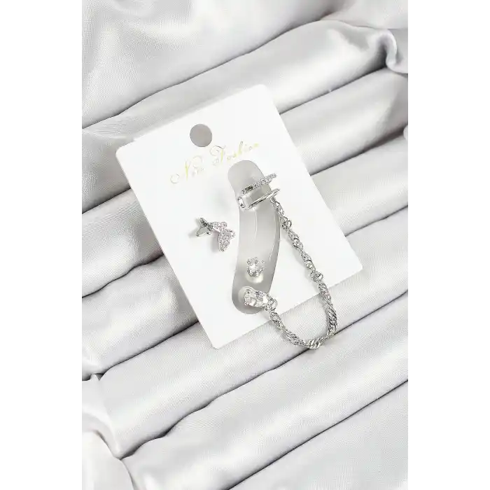 Pirinç Kelebek Figürlü Zirkon Taşlı Gümüş Renk 3lü Kıkırdak Kadın Küpe Set