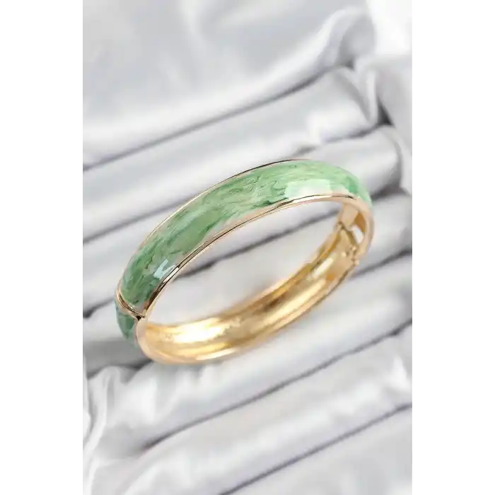 Pirinç Mavi Yeşil Mineli Mermer Desen Model Gold Renk Kadın Kelepçe