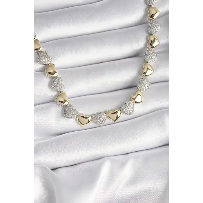 Pirinç Mix Renk Zirkon Taşlı Kalp Model VIP Exclusive Seri Kadın Kolye