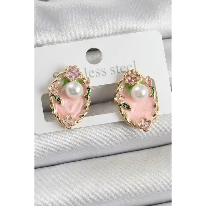 Pirinç Pembe Mineli İnci Detaylı Sanatsal Portre Model Gold Renk Kadın Küpe