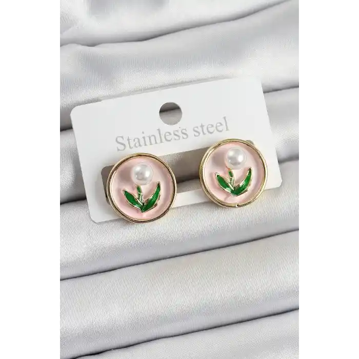 Pirinç Pembe Mineli Lale Figürlü Sanatsal Portre Model Gold Renk Kadın Küpe