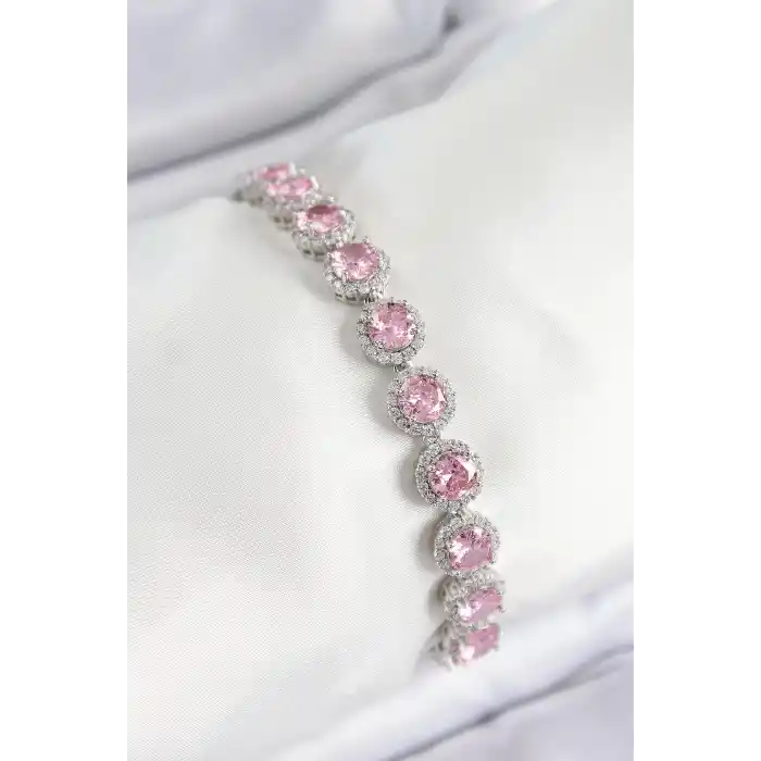 Pirinç Pembe Zirkon Taşlı Daire Baget Model Gümüş Renk VIP Seri Kadın Bileklik