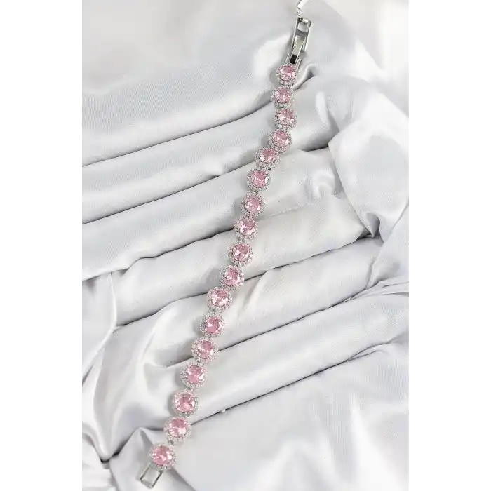 Pirinç Pembe Zirkon Taşlı Daire Baget Model Gümüş Renk VIP Seri Kadın Bileklik