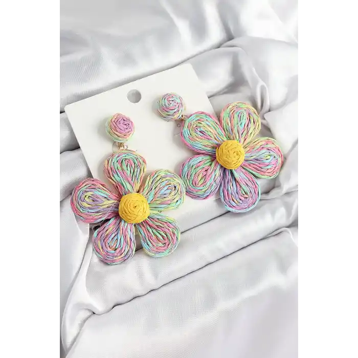 Pirinç Rainbow Papatya Model Gold Renk Kadın Hasır Küpe