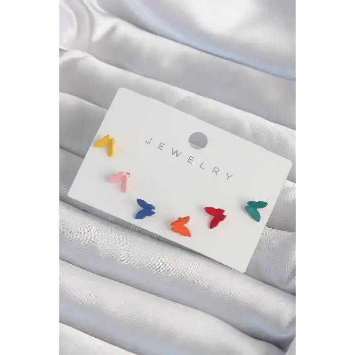 Pirinç Rengarenk Mineli Minimal Kelebek Küpe Seti
