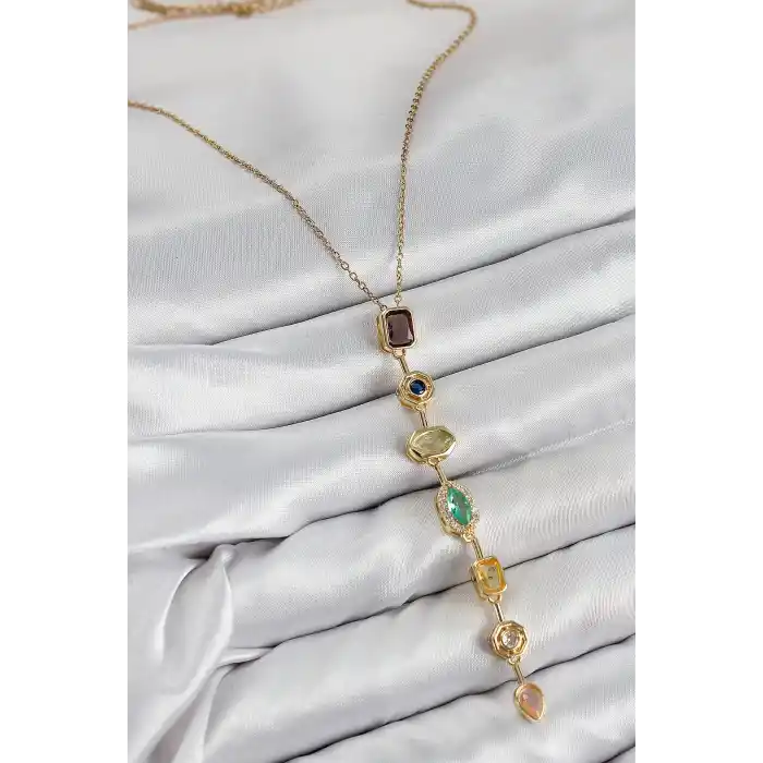 Pirinç Renkli Zirkon Taşlı Model Gold Renk 7 Element Kadın Y Kolye