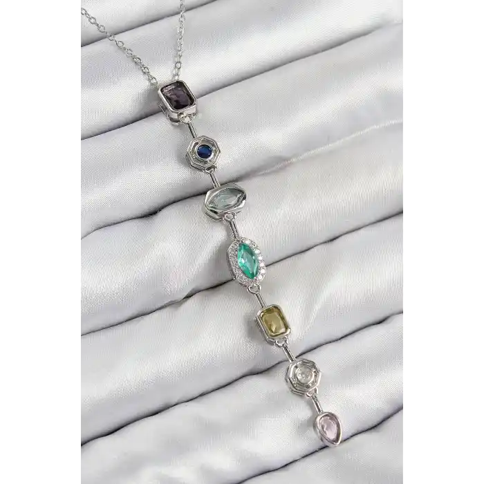 Pirinç Renkli Zirkon Taşlı Model Gümüş Renk 7 Element Kadın Y Kolye