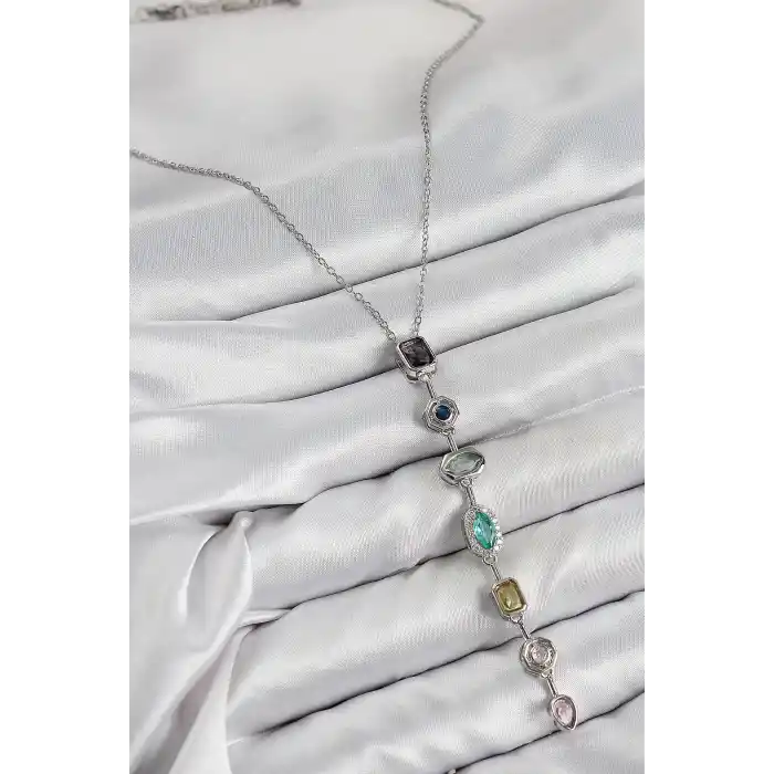 Pirinç Renkli Zirkon Taşlı Model Gümüş Renk 7 Element Kadın Y Kolye