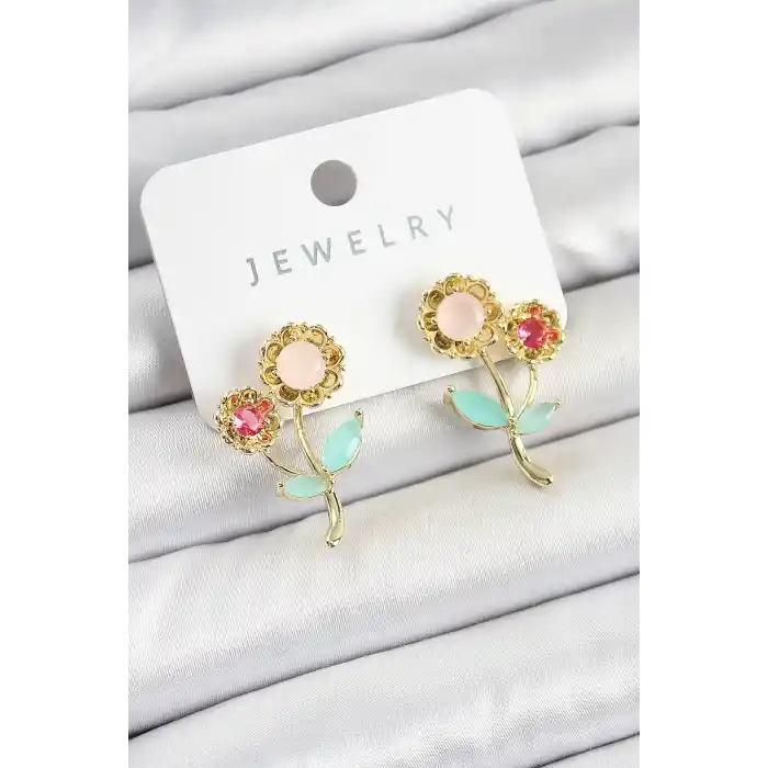 Pirinç Renkli Zirkon Taşlı Papatya Model Gold Renk Kadın Küpe
