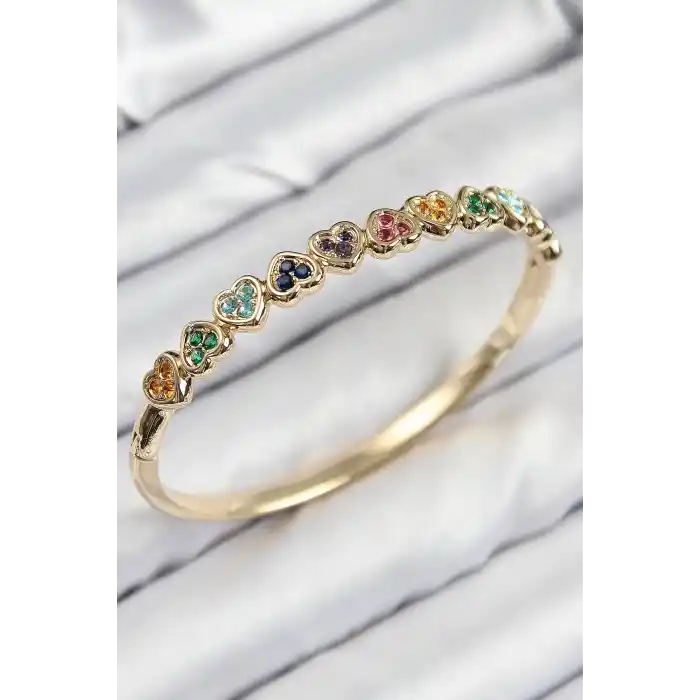 Pirinç Renkli Zirkon Taşlı Sıralı Kalp Model Gold Renk Kadın Kelepçe