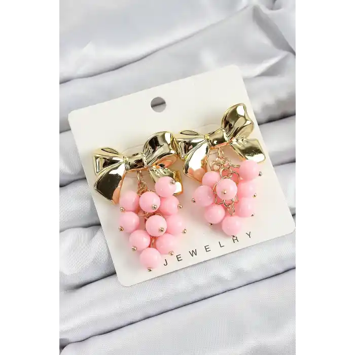Pirinç Sallantılı Pembe Boncuklu Fiyonk Vintage Model Gold Renk Kadın Küpe