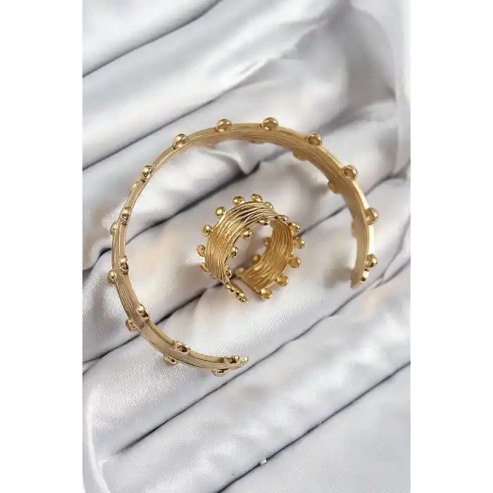 Pirinç Topcuk Model Gold Renk Bileklik Yüzük Set