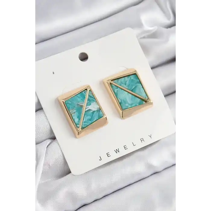 Pirinç Turkuaz Üçgen Kesim Detaylı Kare Model Vintage Gold Renk Kadın Küpe