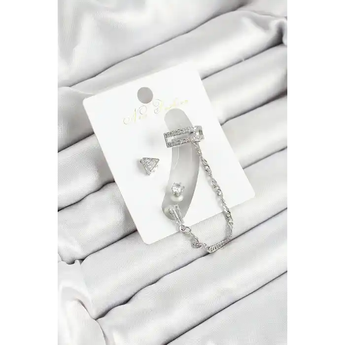 Pirinç Üçgen Figürlü Zirkon Taşlı Gümüş Renk 3lü Kıkırdak Kadın Küpe Set