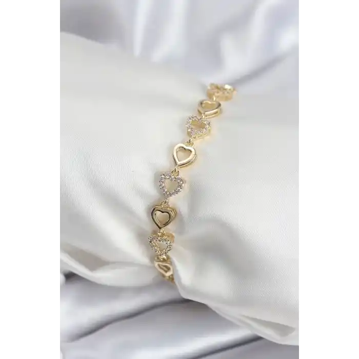 Pirinç VIP Seri Gold Renk Sıralı Kalp Model Kadın Bileklik