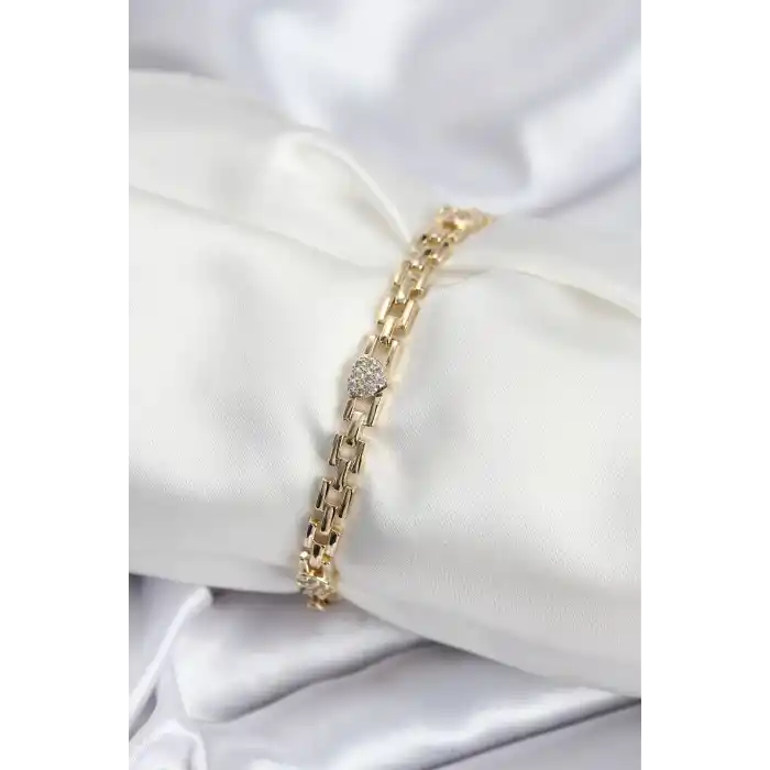 Pirinç VIP Seri Gold Renk Zincir Model Kalpli Zirkon Taşlı Kadın Bileklik