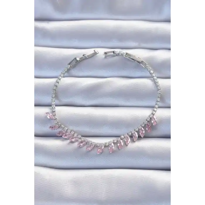 Pirinç Vip Seri Gümüş Renk Pembe Zirkon Taşlı Bileklik