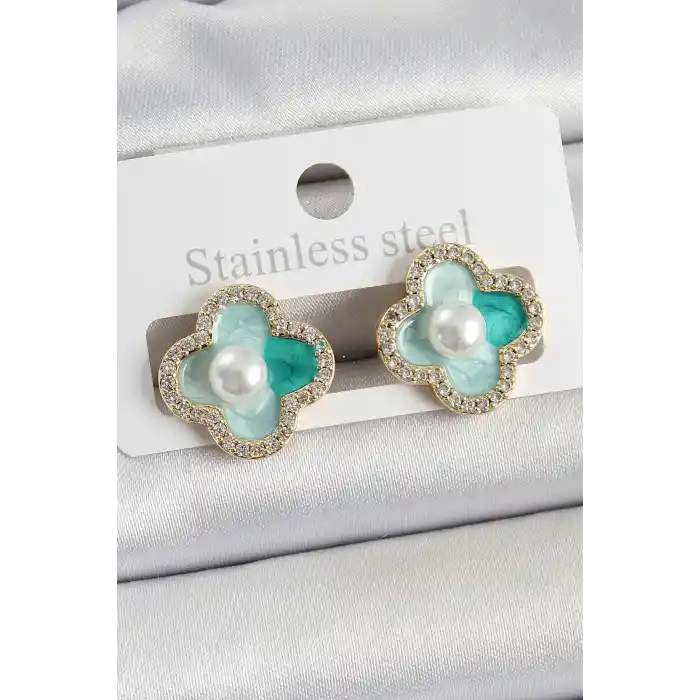 Pirinç Yeşil Mineli İnci Detaylı Zirkon Taşlı Sanatsal Portre Yonca Model Gold Renk Kadın Küpe