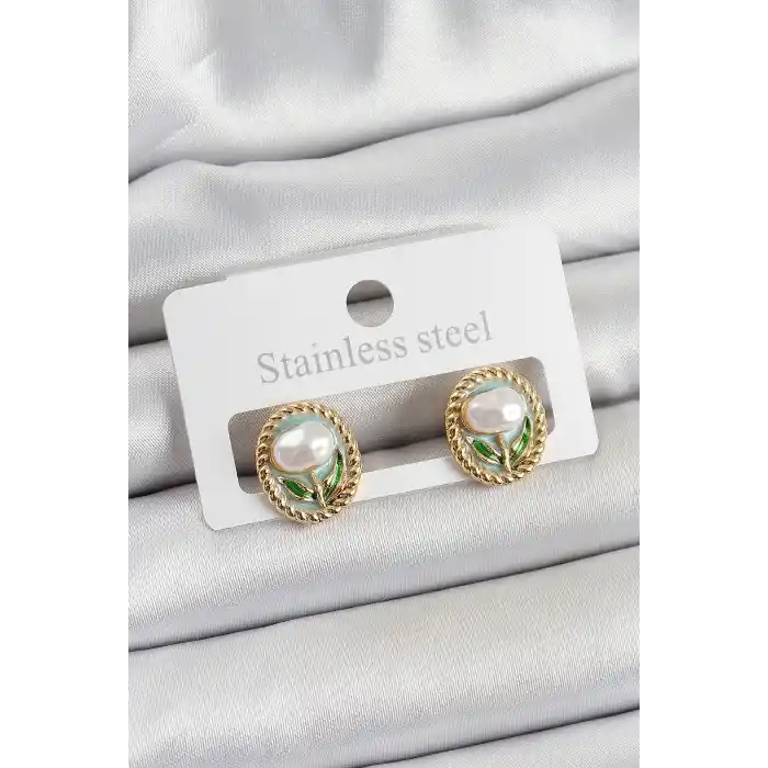 Pirinç Yeşil Mineli Lale Figürlü Sanatsal Portre Model Gold Renk Kadın Küpe