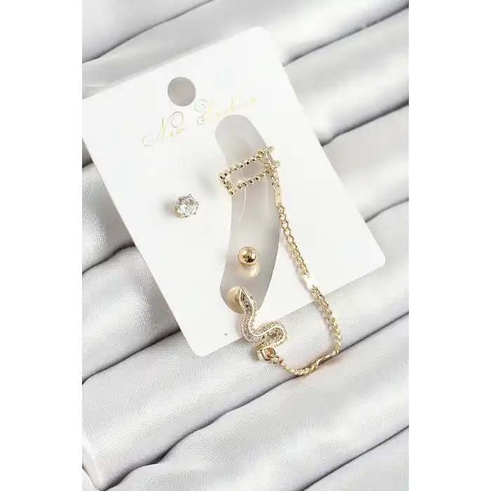 Pirinç Yılan Figürlü Zirkon Taşlı Gold Renk 3lü Kıkırdak Kadın Küpe Set