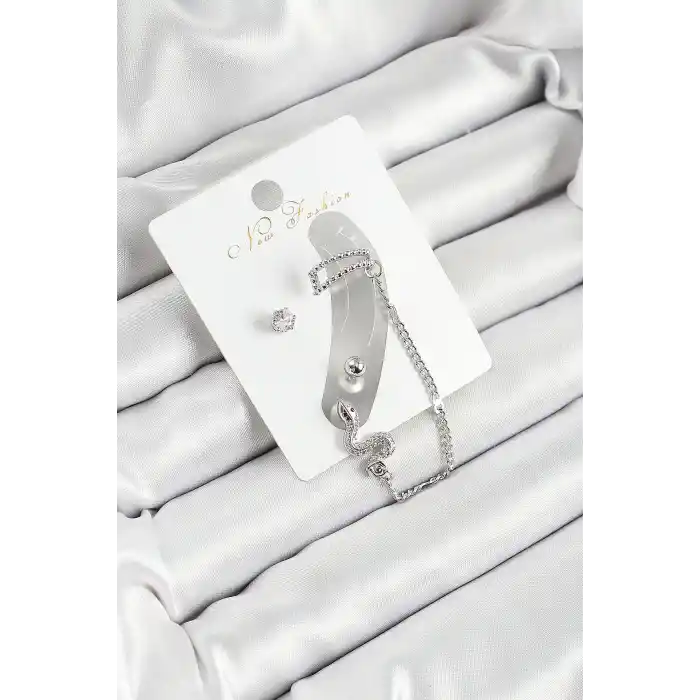 Pirinç Yılan Figürlü Zirkon Taşlı Gümüş Renk 3lü Kıkırdak Kadın Küpe Set