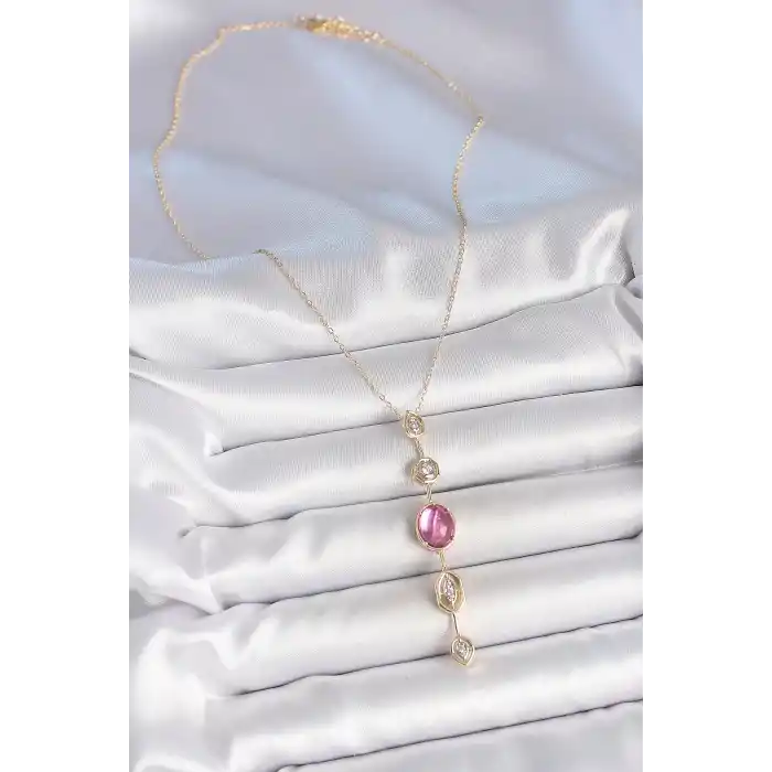 Pirinç Zincir Gold Renk Pembe Zirkon Taşlı Y Kolye