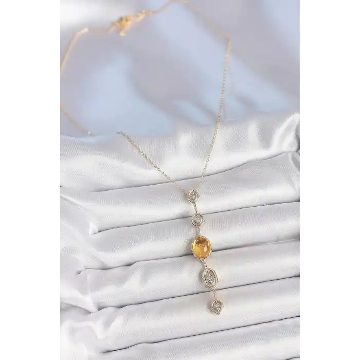 Pirinç Zincir Kehribar Sarı Gold Renk  Zirkon Taşlı Y Kolye