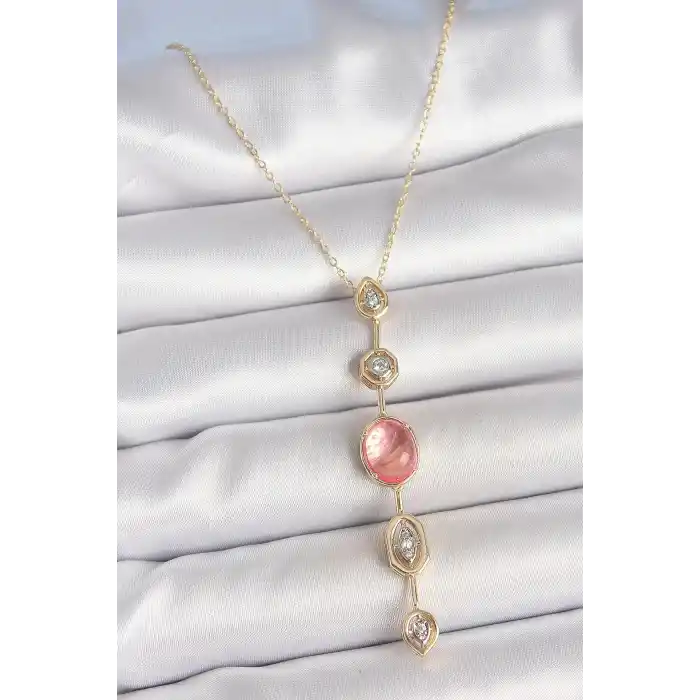 Pirinç Zincir Pembe Gold Renk Zirkon Taşlı Y Kolye