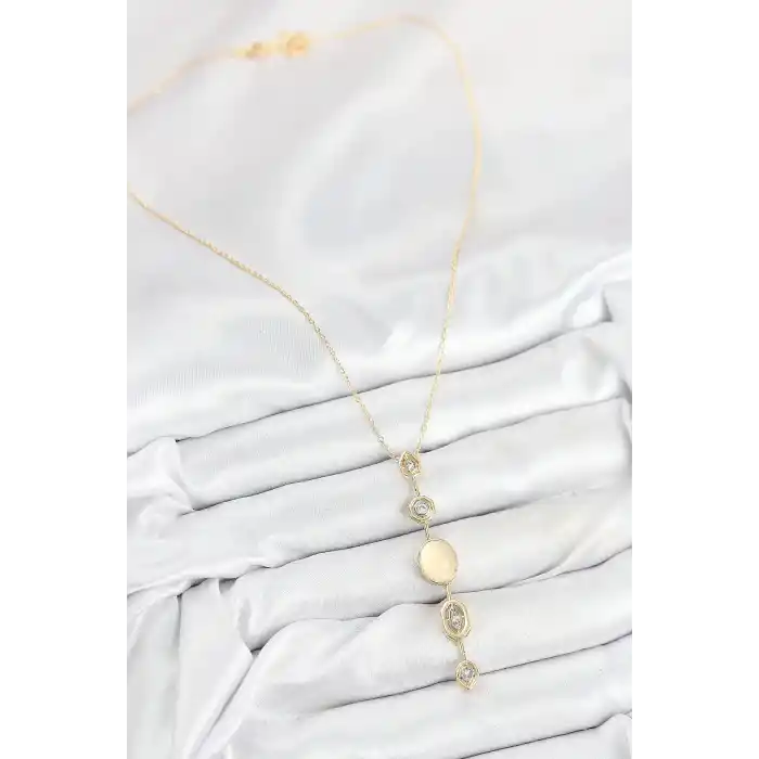 Pirinç Zincir Sarı Gold Renk Zirkon Taşlı Y Kolye