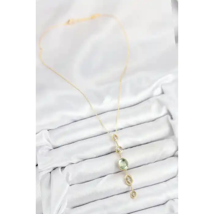 Pirinç Zincir Yeşil Gold Renk Zirkon Taşlı Y Kolye