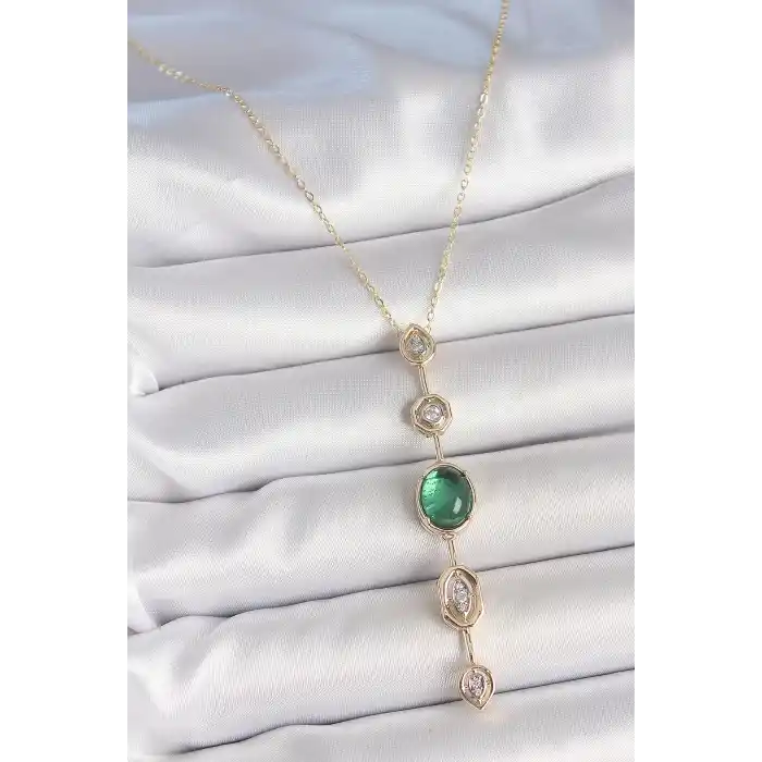 Pirinç Zincir Zümrüt Yeşil Gold Renk Zirkon Taşlı Y Kolye