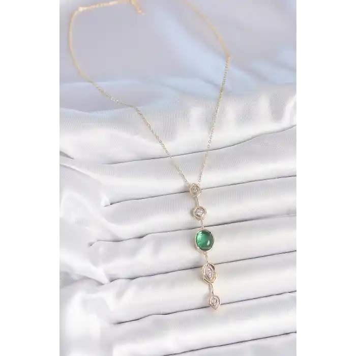 Pirinç Zincir Zümrüt Yeşil Gold Renk Zirkon Taşlı Y Kolye