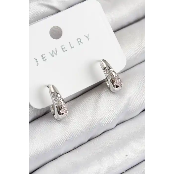 Pirinç Zirkon Taş Desenli Model Gümüş Renk Kadın Küpe